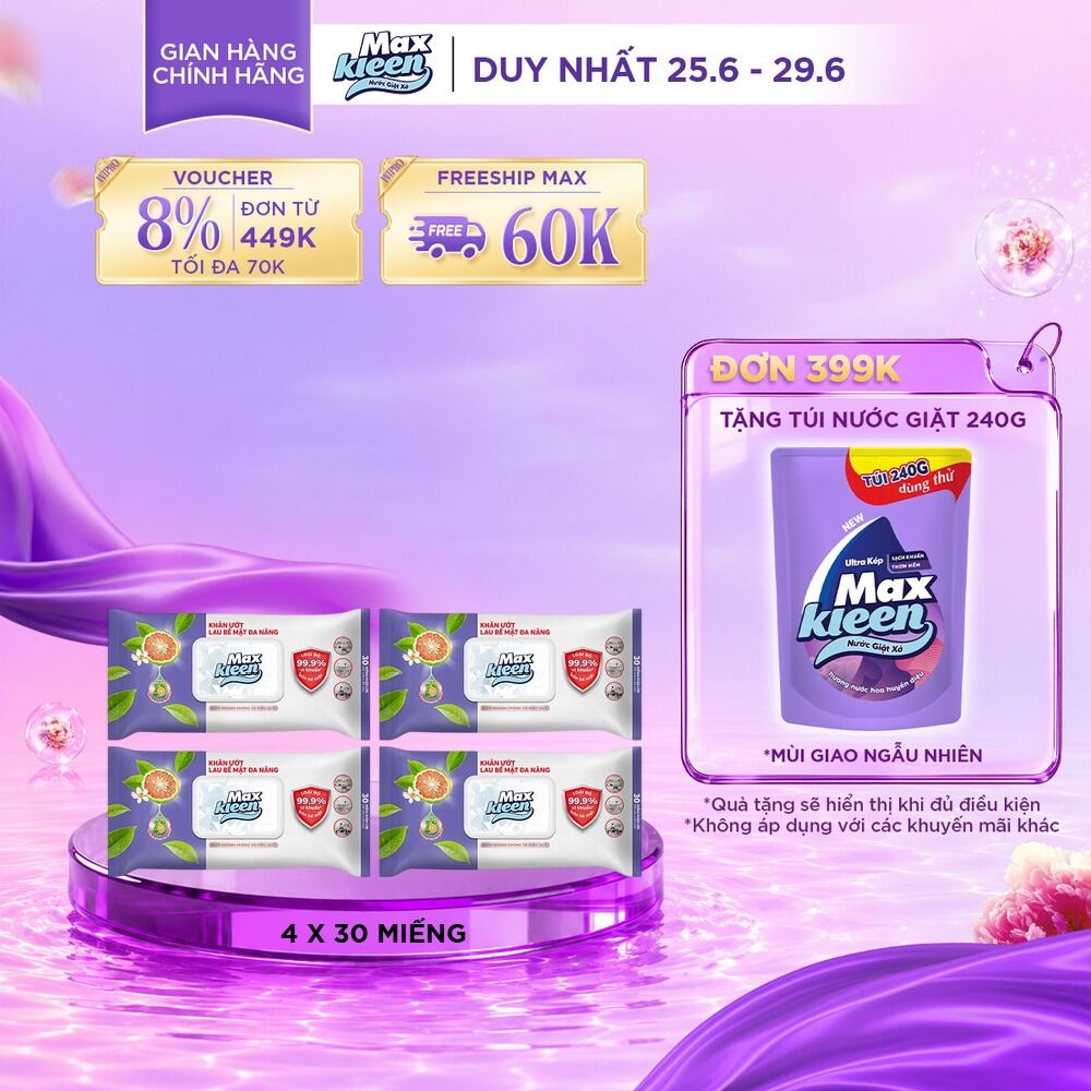 Combo 4 gói Khăn Ướt Lau Bề Mặt Đa Năng MaxKleen 30 Miếng/gói