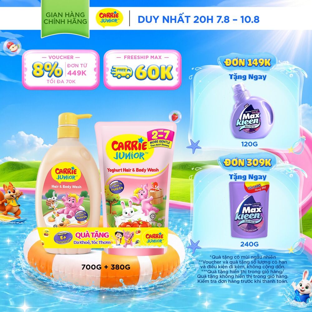[TẶNG TÚI 380G] Sữa Tắm Gội Cho Bé Carrie Junior Hương Mơ Tây 700g