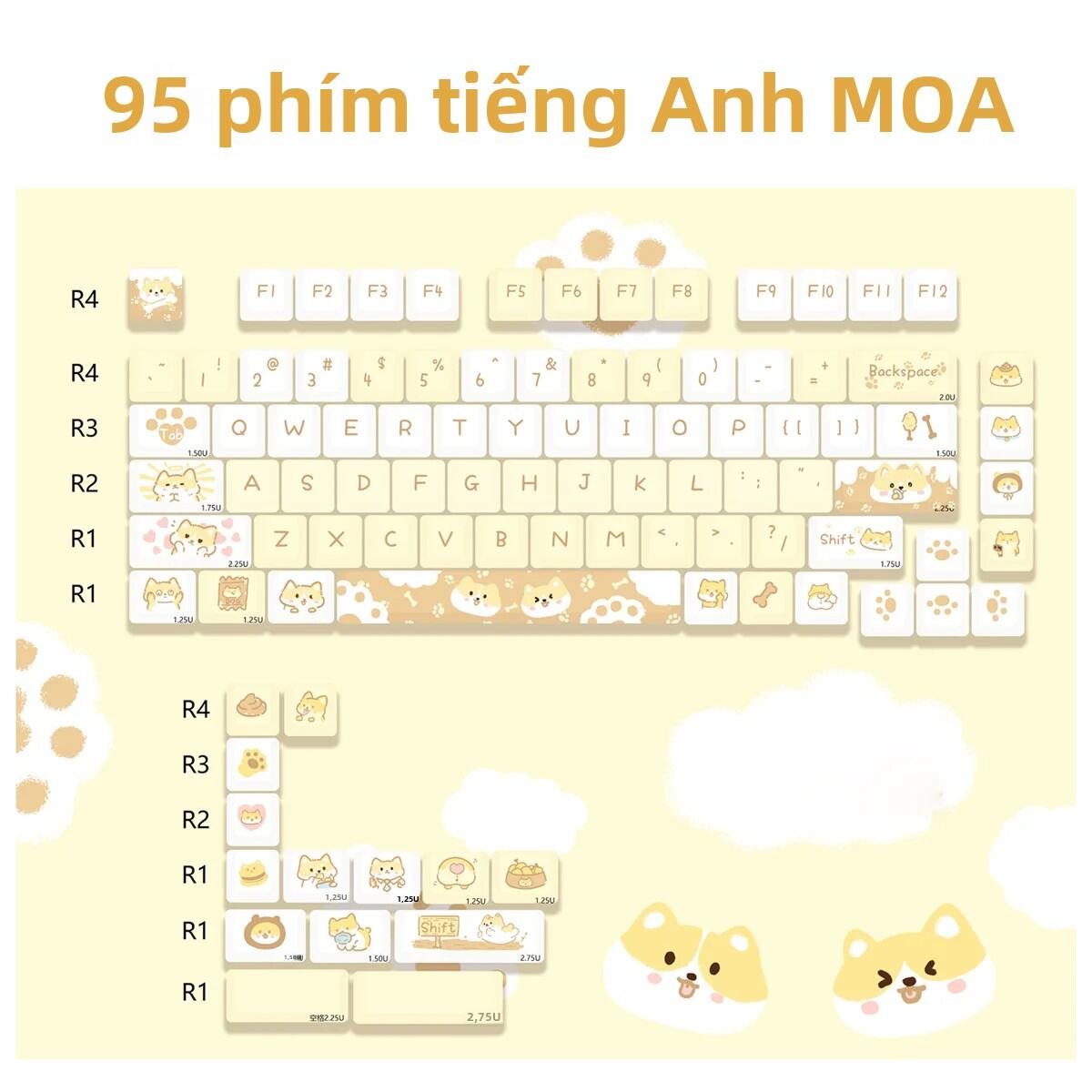 USLION Món Tráng Miệng Chủ Đề Mèo Keycaps MOA Profile PBT Kit Cho 61/64/68/84/75/87 Phím Tương Thích