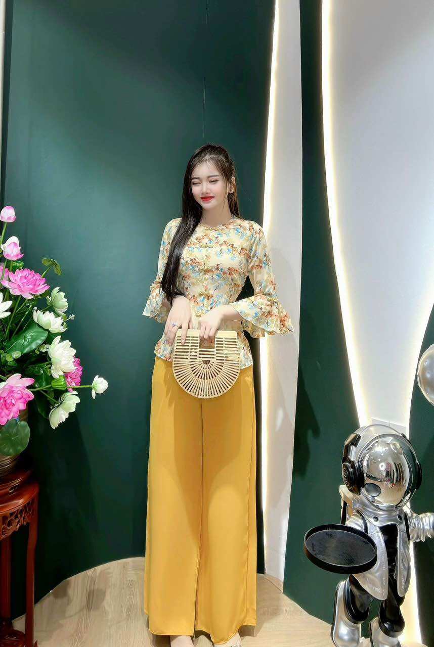 BỘ BÀ BA TAY BÈO HOA VẢI LỤA MANGO ÁO NỮ