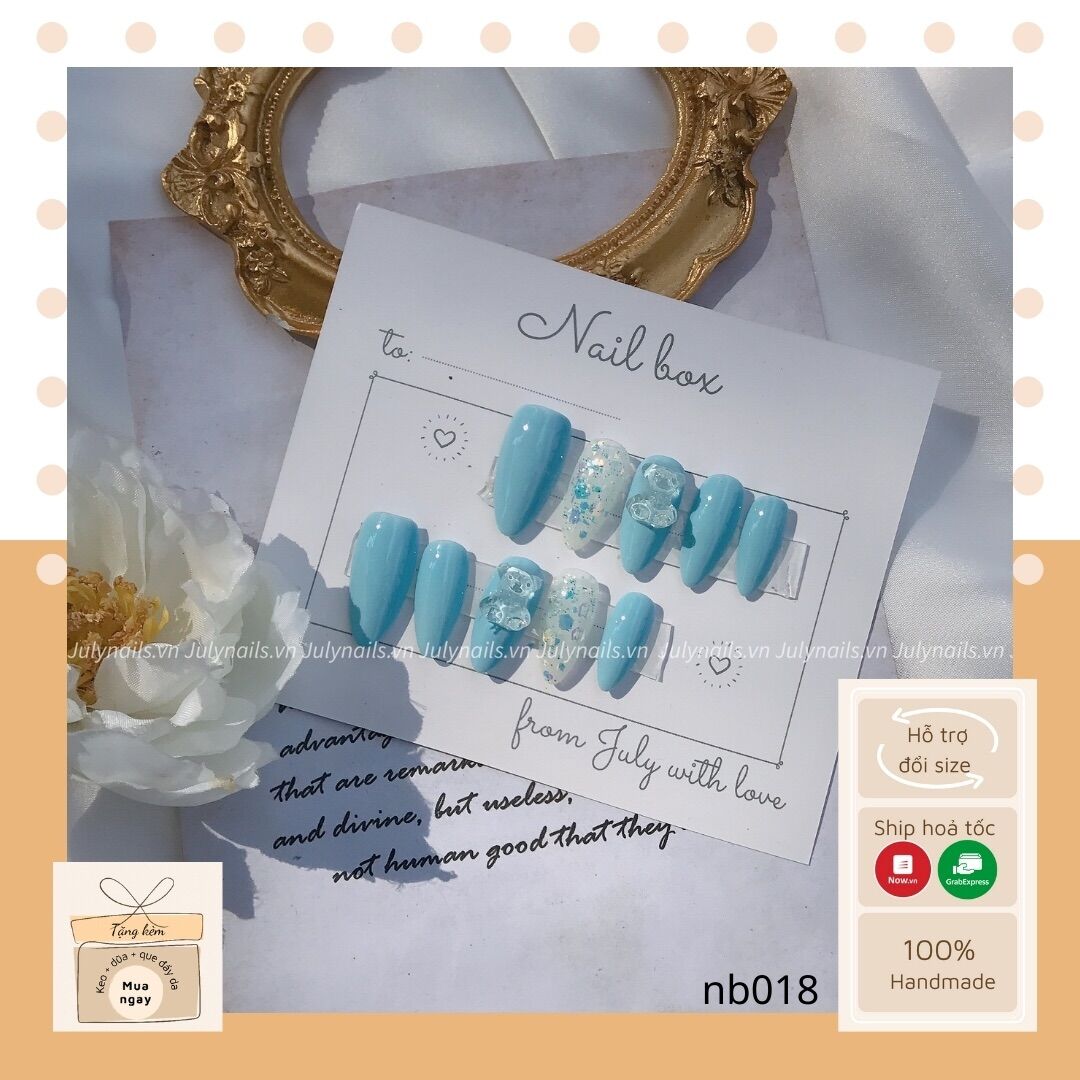 M&oacuteng &uacutep thiết kế m&agraveu pastel xanh dương  charm gấu dễ thương julynails nb018
