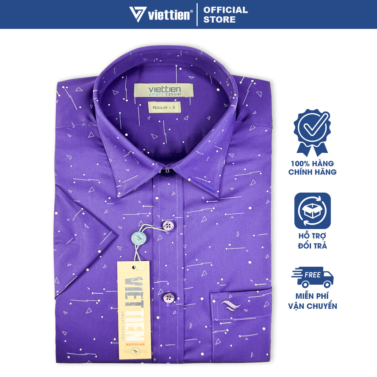 VIỆT TIẾN SALE - Áo Sơ Mi Viettien Smart Casual Tay Ngắn, Màu Hoa Văn Tím, Form Regular, Lai Ngang, Quà Tặng Nam Công Sở