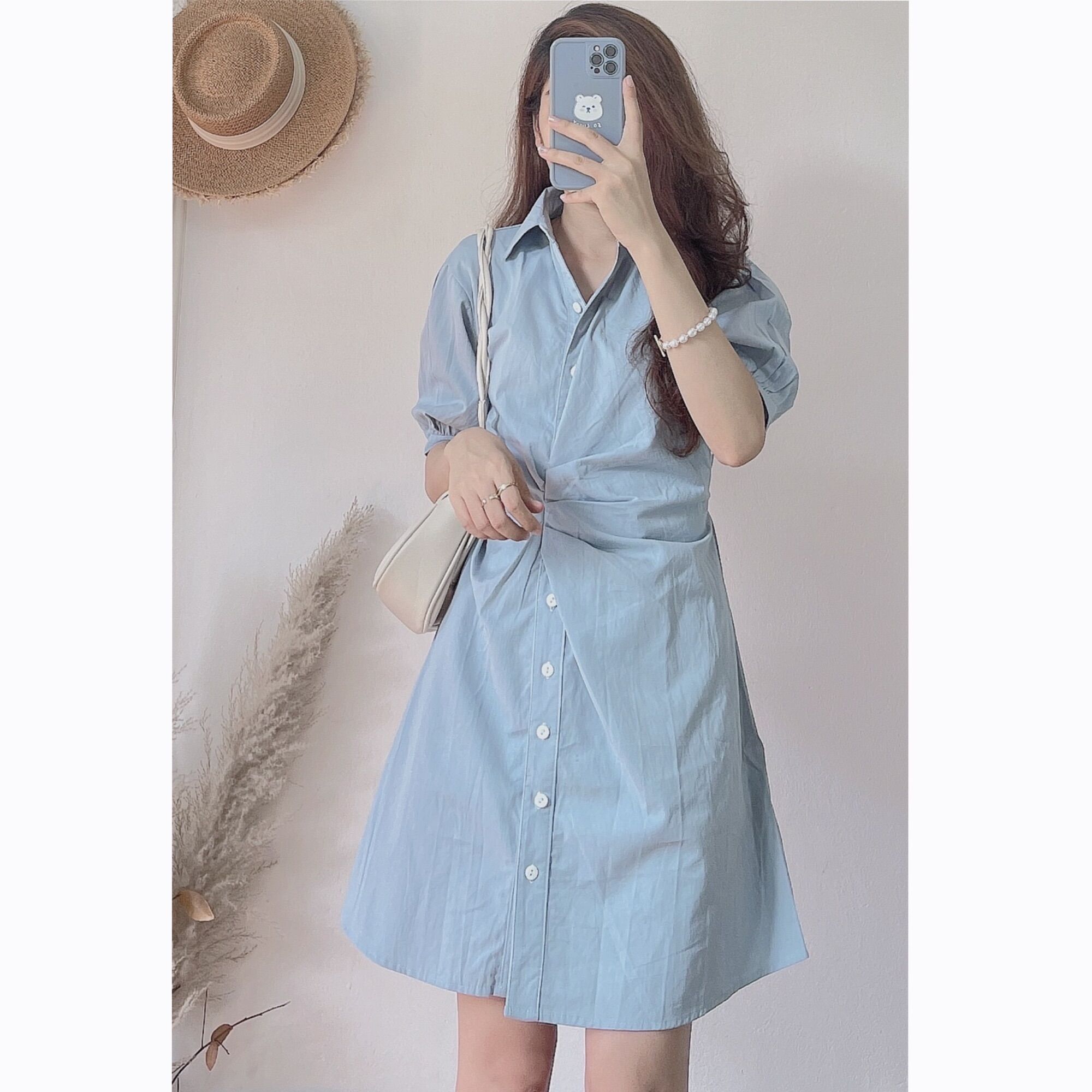 Váy sơ mi xoắn eo cách điệu - Đầm công sở phong cách Hàn Quốc