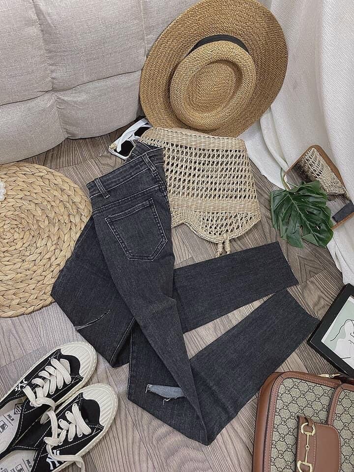 [CHỈ 15 - 17.4 HOÀN TIỀN 15%] Jeans Dài Xám Co Giãn Lưng Cao Rách