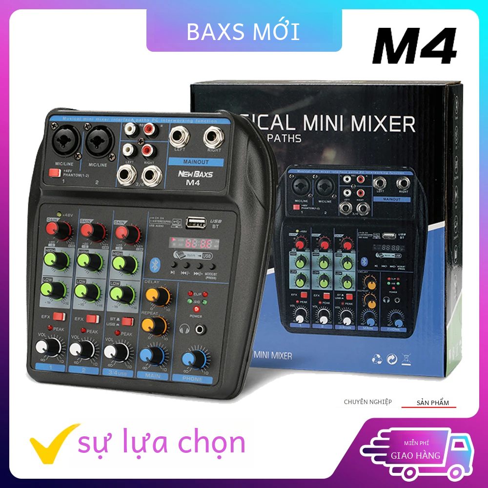 Baxs M4 Trộn Âm Thanh 4 Kênh Trộn Âm Thanh Có Bluetooth USB Nguồn 48V Cho Karaoke Đảng Ghi Âm Webcasting