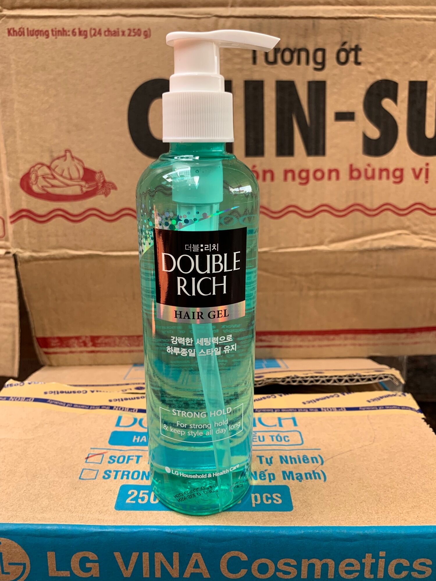 GEL tạo kiểu cho tóc uốn Double Rich hard hold 250 ml(mầu xanh)