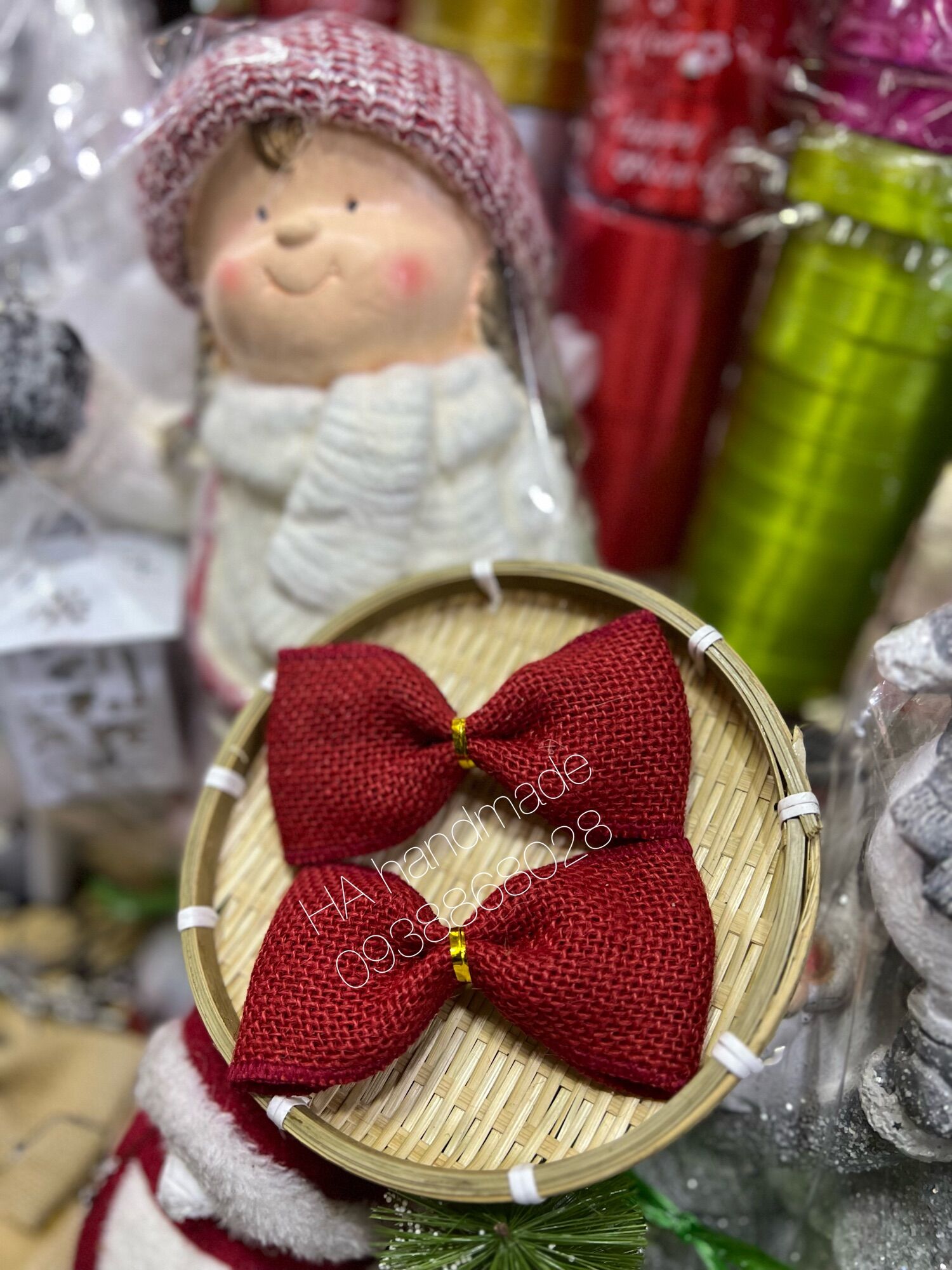 Set 2 nơ bố màu đỏ trang trí cây thông noel