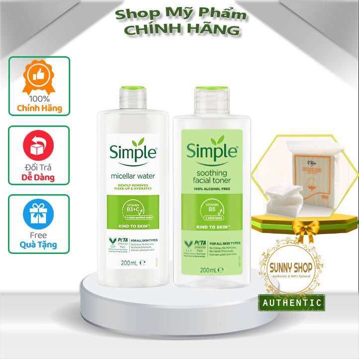 Mẫu mới combo 2 món nước tẩy trang simple + toner simple 200ml cấp ẩm làm sạch da dịu nhẹ, lành tính