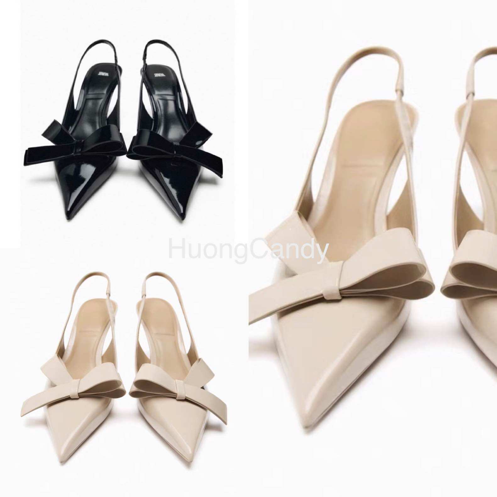 Giày ZR giày mũi nhọn nơ da bóng 7cm