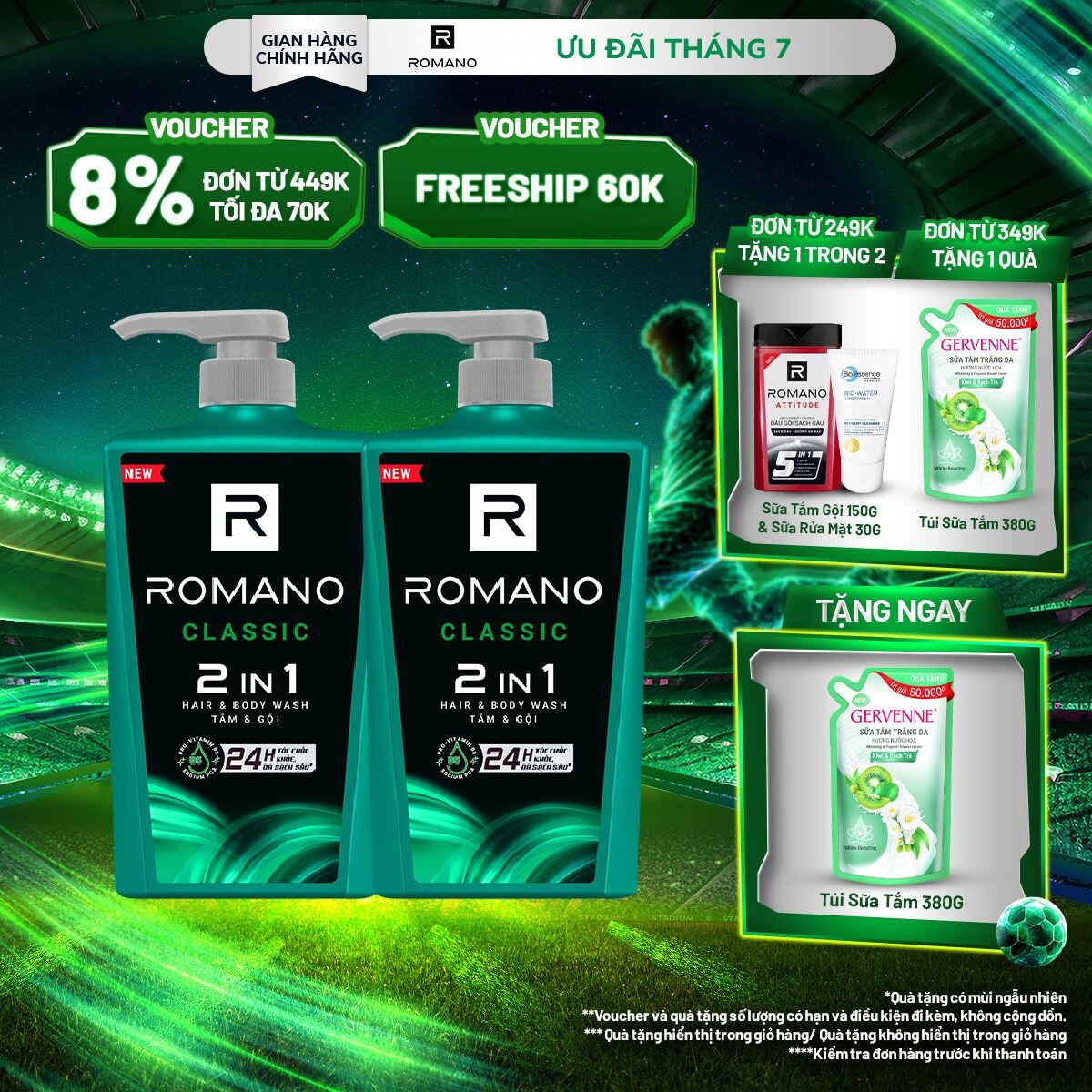 Combo Tắm gội 2 trong 1 Romano 2in1 650g/chai