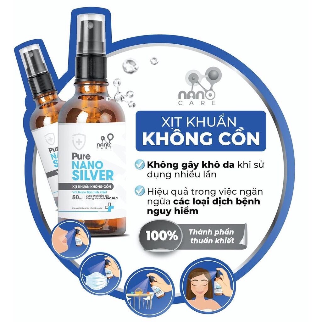 Xịt Khuẩn Không cồn Nano Bạc Cao Cấp (Chai 50ml) - Nano Silver