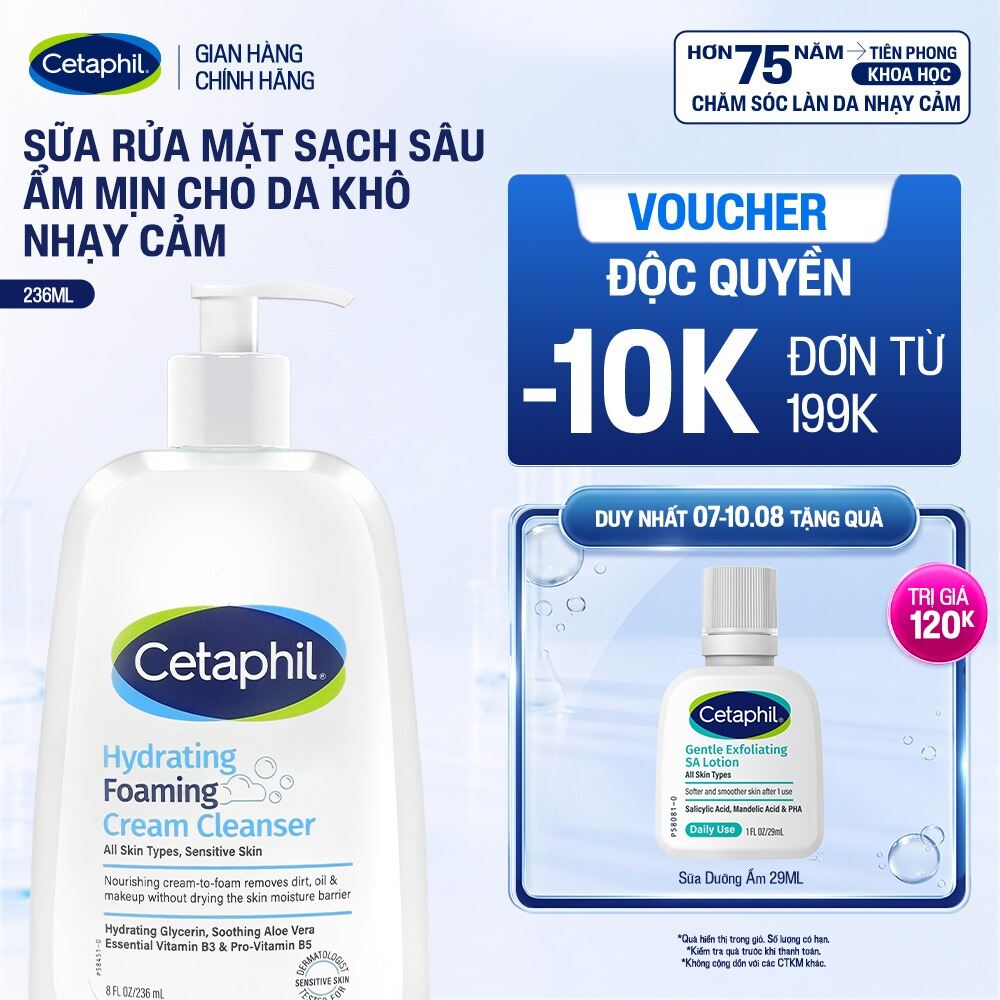 [GIẢM ĐẾN 24% + QUÀ 120K] Sữa rửa mặt tạo bọt dịu lành cho da khô nhạy cảm Cetaphil Hydrating Foaming Cream Cleanser 236ml [HSD 08/2026]