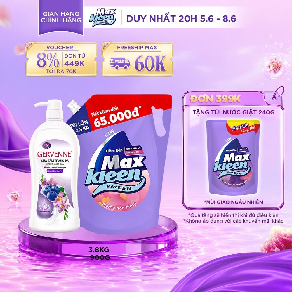 Combo Túi Nước Giặt Xả MaxKleen Hương HOA NẮNG 3.8kg + Sữa tắm trắng da hương nước hoa Gervenne VIỆT QUẤT và LAN NAM PHI 900g