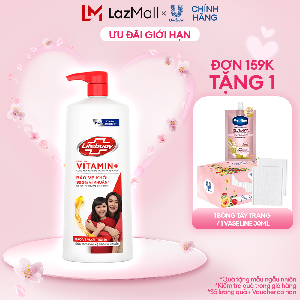 Sữa tắm Lifebuoy 1Kg Bảo vệ vượt trội 10 giúp bảo vệ khỏi 99.9% vi khuẩn và ngăn ngừa vi khuẩn lây lan trên da hiệu quả (Bao bì thay đổi theo đợt nhập hàng)