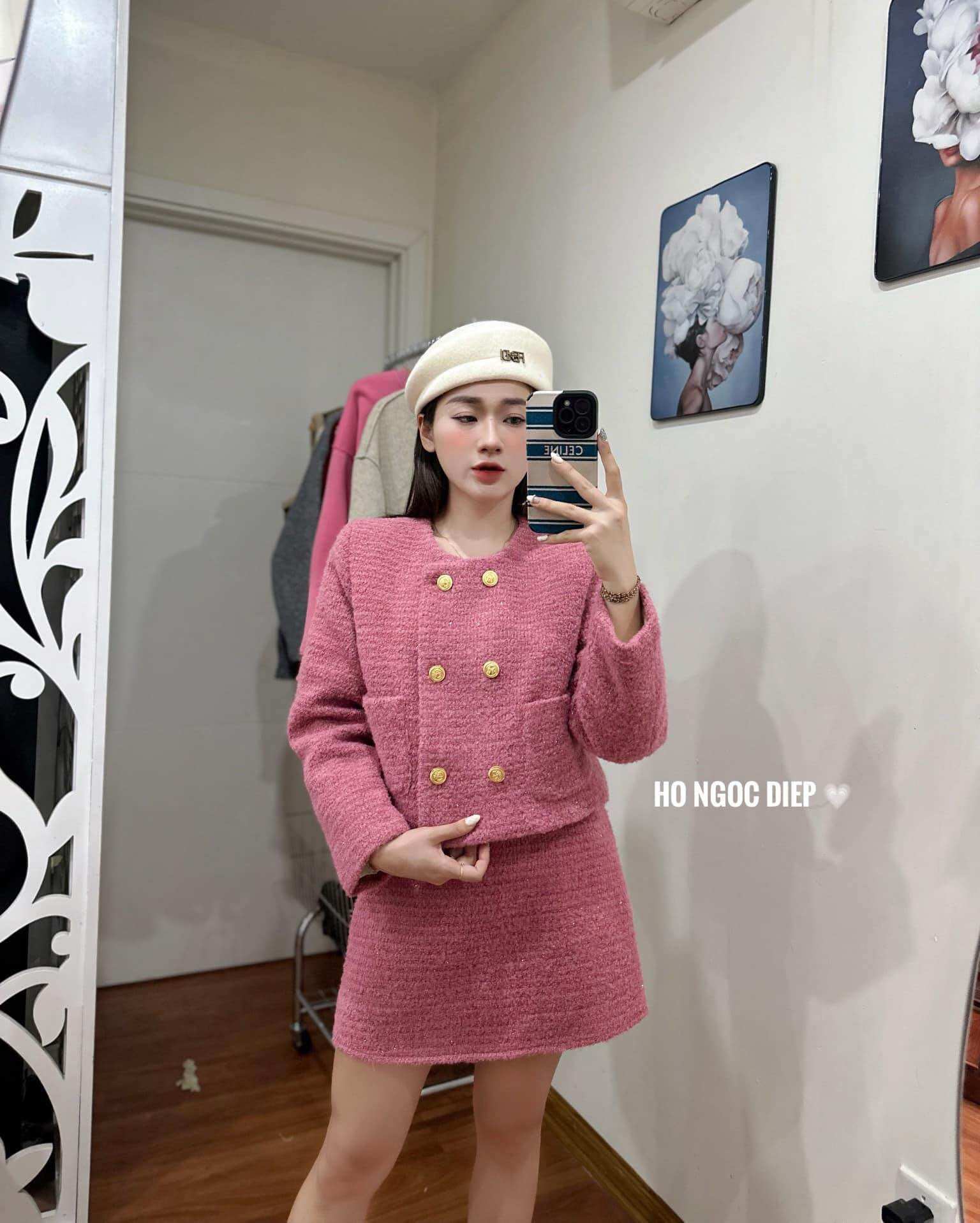 Set dạ tweed nữ tiểu thư sang chảnh Set áo khoác dạ tweed và chân váy 2 lớp