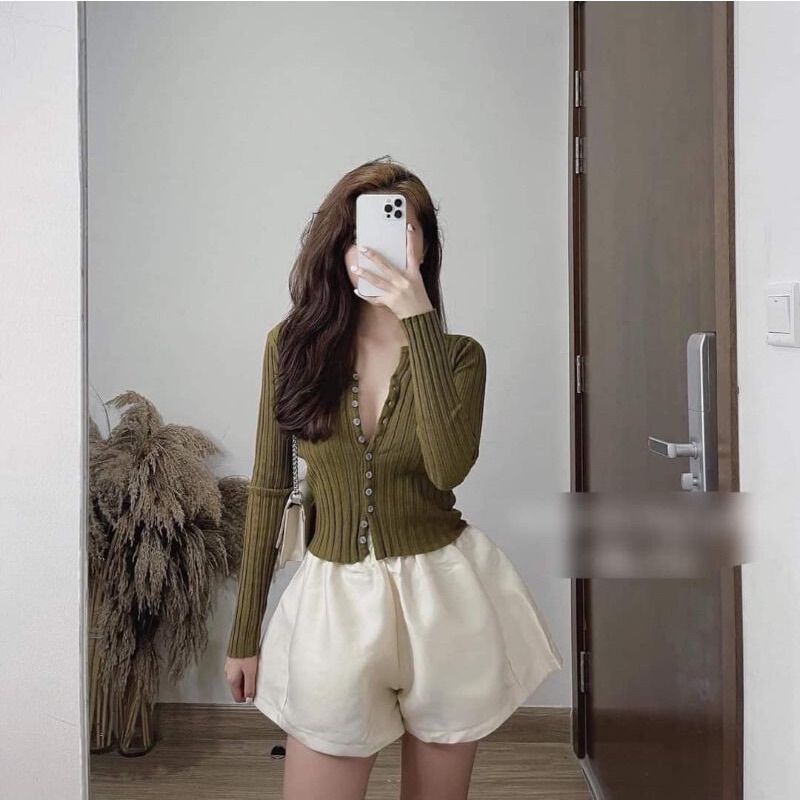 Áo len nữ dài tay cổ tròn trơn cài khuy dáng ngắn hàng QC