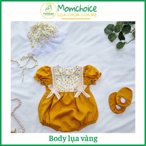 Sp34 bodysuit lụa vàng cho bé bộ áo liền quần bé gái chất vải lụa ướt tặng kèm mũ, giày vải - size cho bé sơ sinh đến 13kg