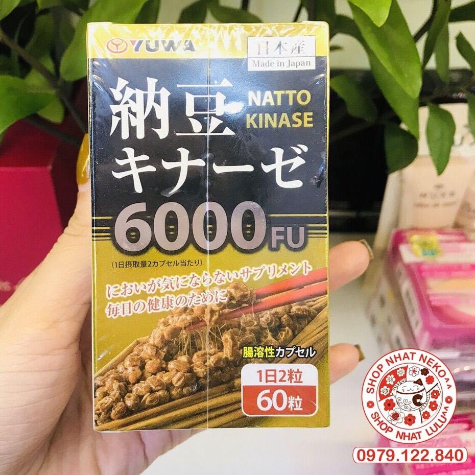 Hộp 60 viên uống Nattokinase 6000FU Yuwa bổ não  tăng cường lưu thông máu chống đột quỵ Nhật Bản