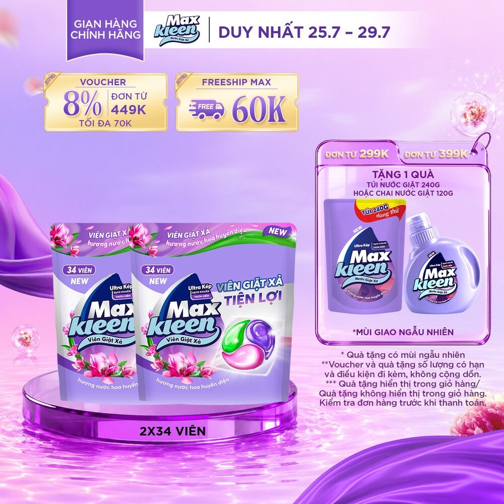 Combo 2 Túi Viên Giặt Xả MaxKleen Hương Huyền Diệu/ Ngày Thư Thái/ Dấu ấn ngọt ngào (34 viên/túi)