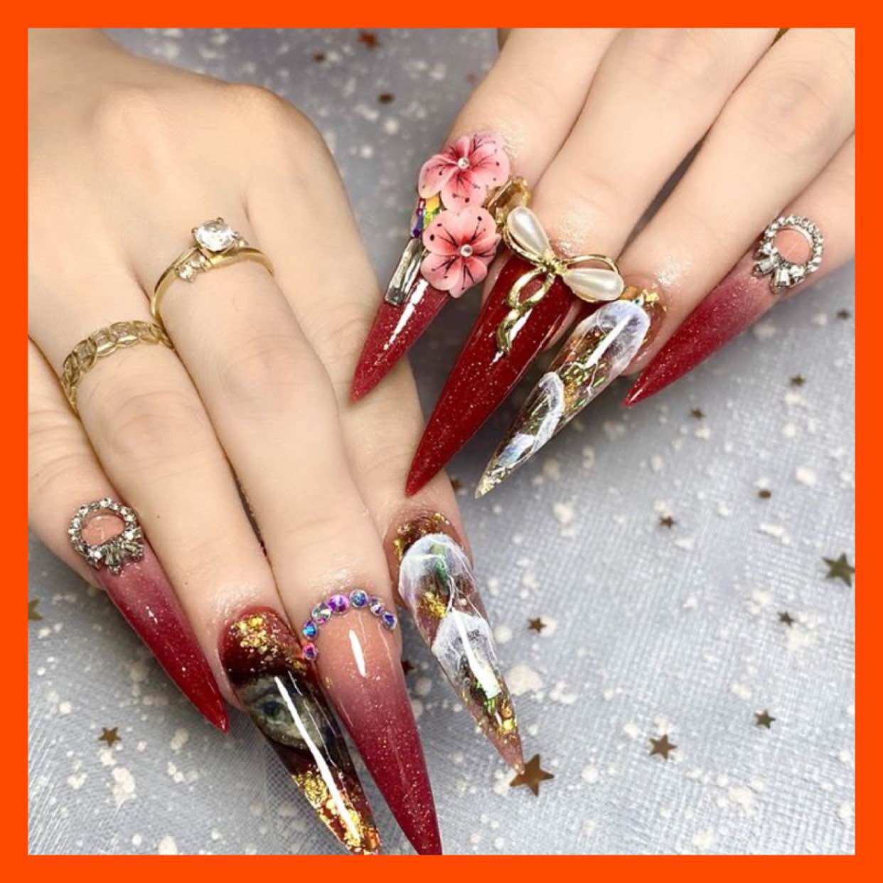 Nail box thiết kế - bộ 24 móng up tay nhọn - móng tay giả sơn gel đính charm và hoa bột