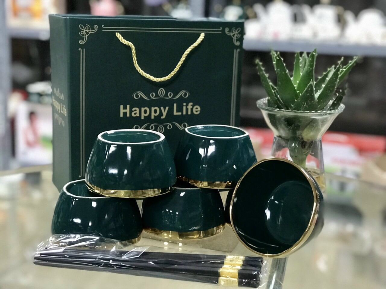 Bộ 6 cái chén, bát ăn cơm vẽ vàng hình trụ chuẩn châu Âu/ bộ 6 chén ăn cơm + đũa màu xanh cổ vịt vẽ vàng