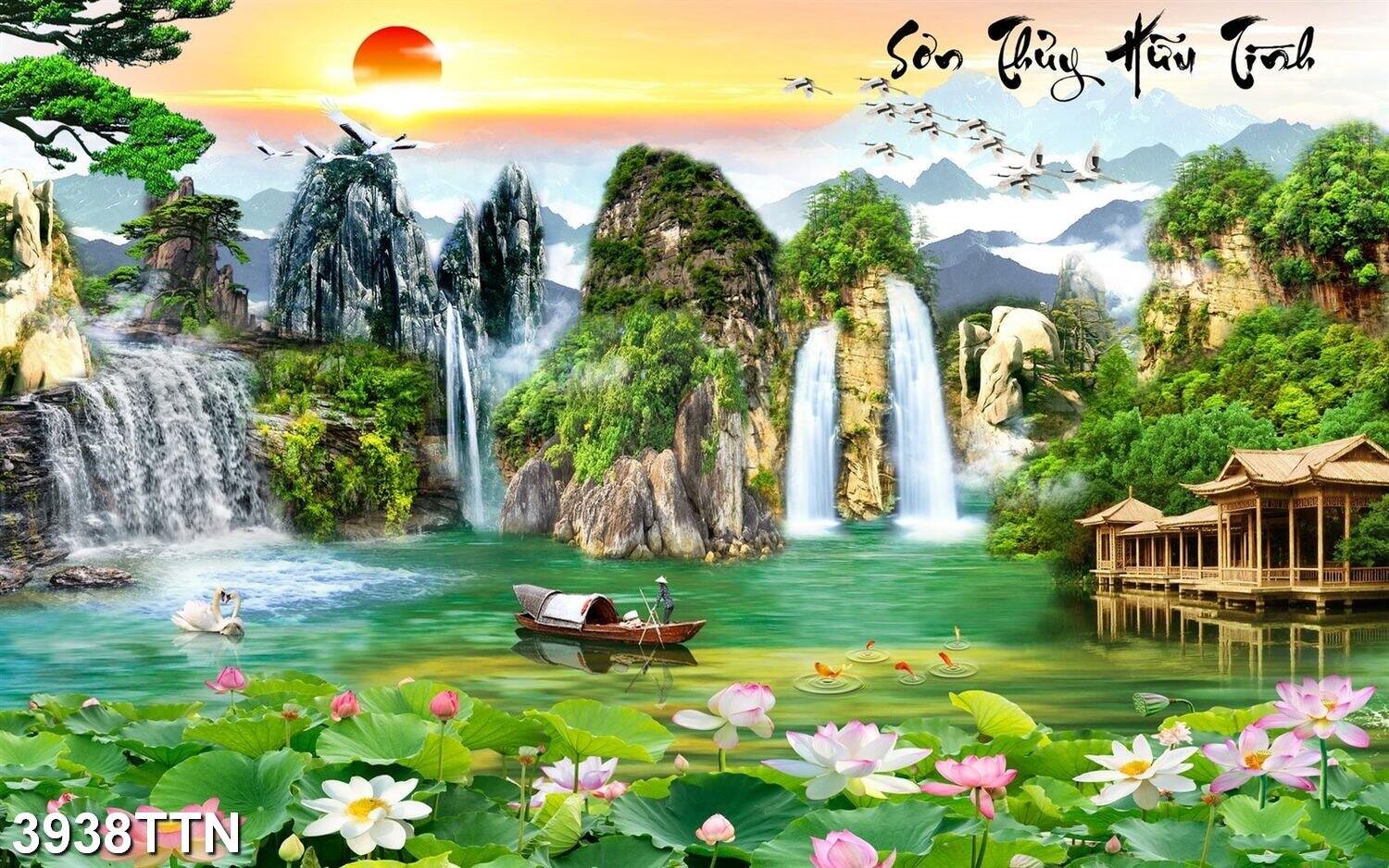 Tranh dán tường 3D Sơn Thủy Hữu Tình 3938TTN - Tranh Phong cảnh thác nước hòn non bộ - Tranh trang trí phòng khách