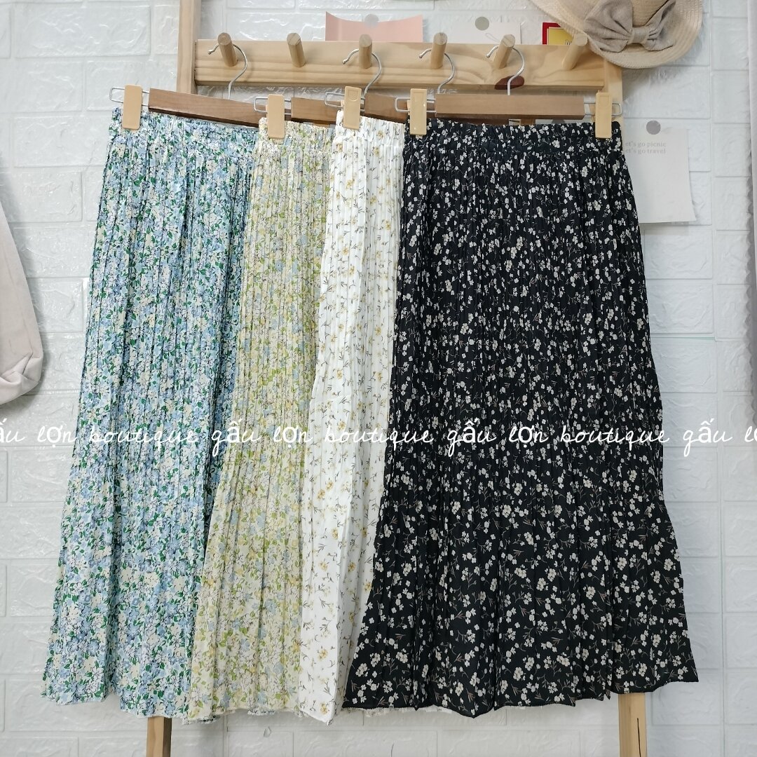 Chân váy midi hoa nhí dập li vintage