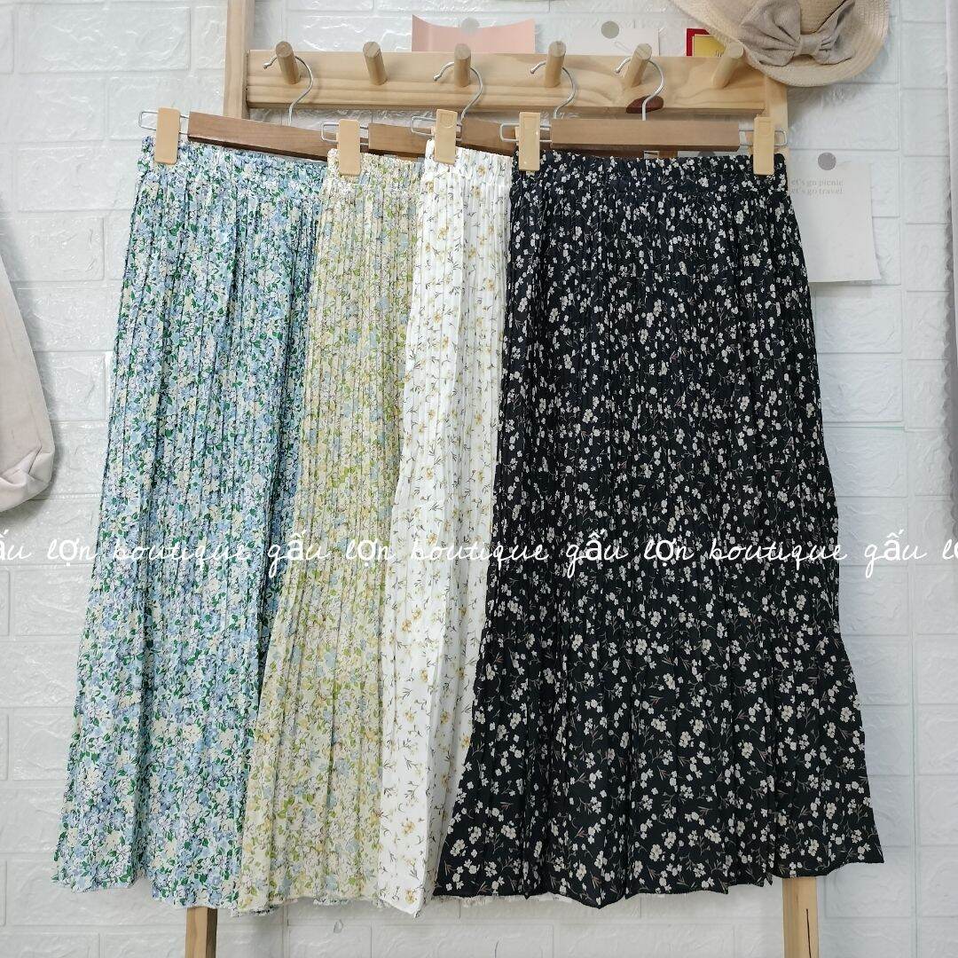 chân váy midi hoa nhí dập li vintage