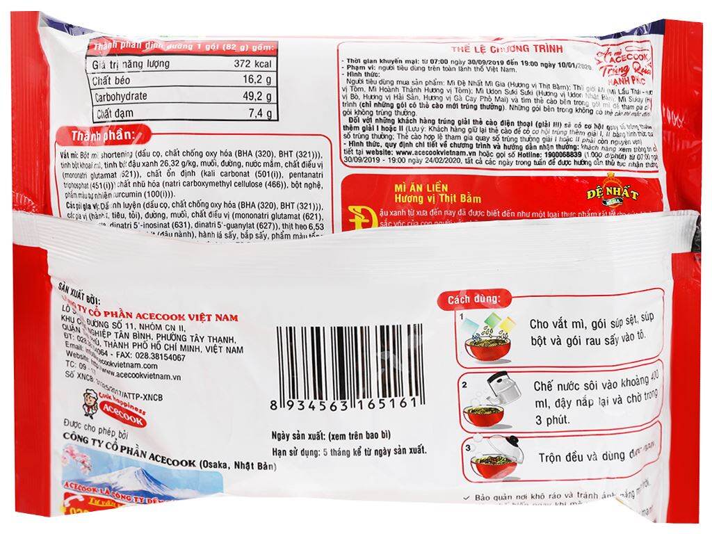 Combo 4 gói mì Đệ Nhất thịt bằm Acecook gói 83gr