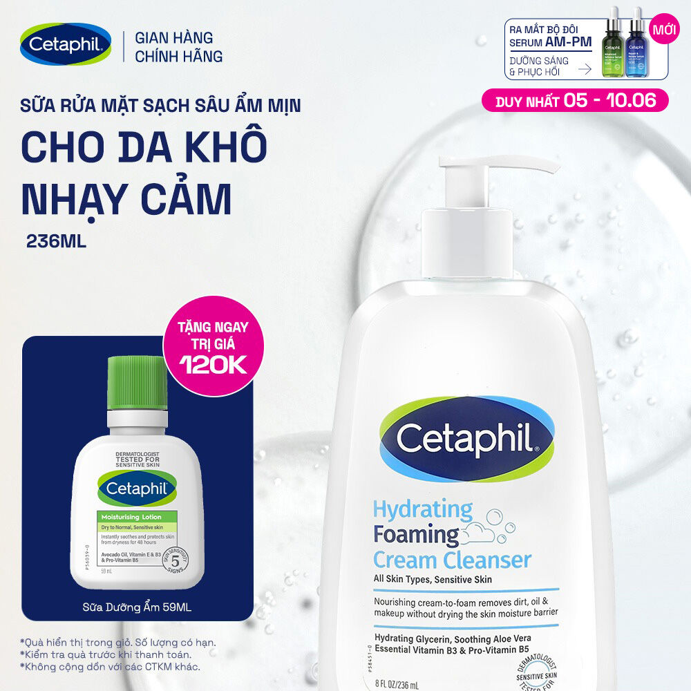 [GIẢM ĐẾN 24% + QUÀ 120K] Sữa rửa mặt tạo bọt dịu lành cho da khô nhạy cảm Cetaphil Hydrating Foaming Cream Cleanser 236ml [HSD 08/2026]