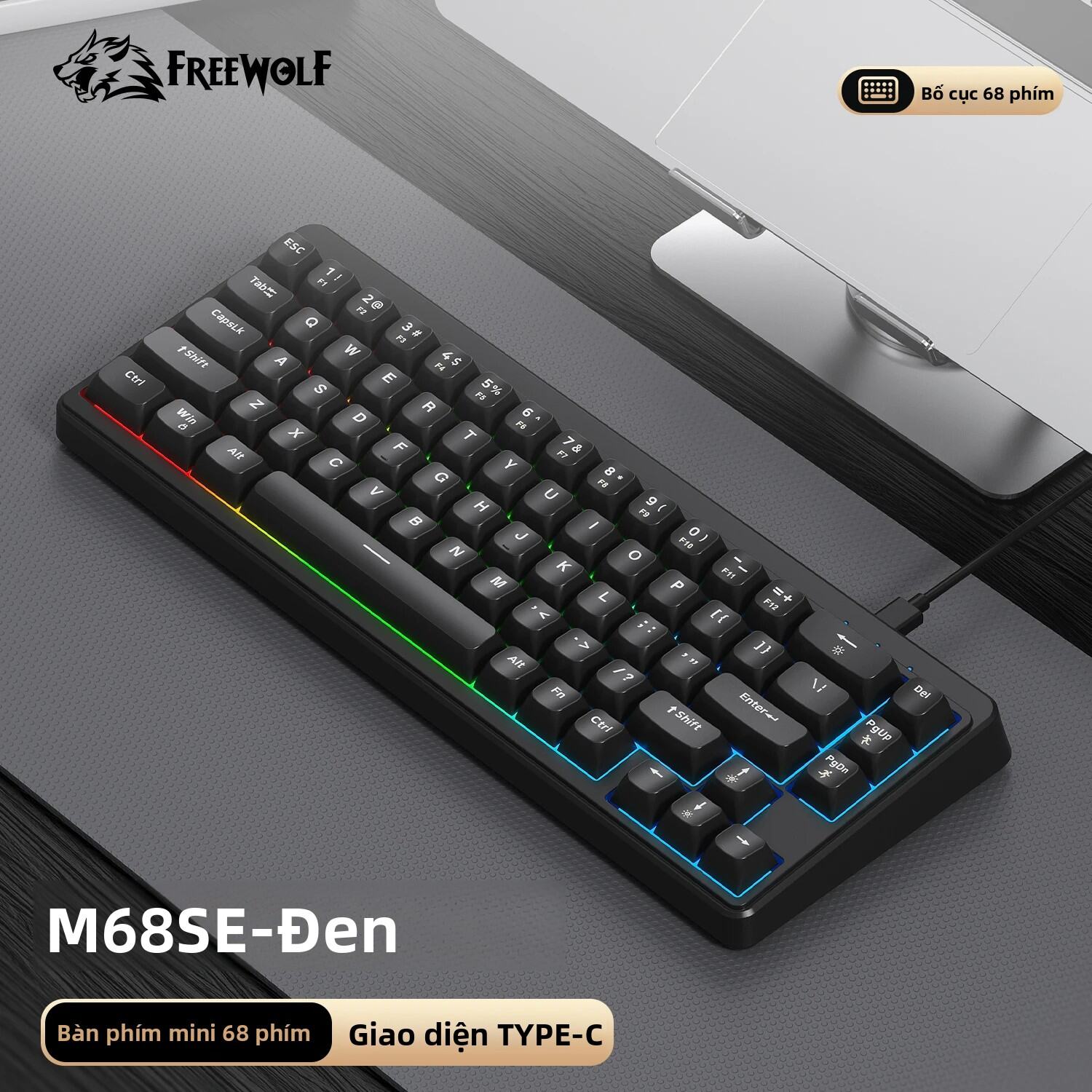Bàn Phím Mini Di Động FreeWOLF M68 SE 60% Có Dây Với Đèn RGB Rực Rỡ Dành Cho Văn Phòng Và Chơi Game 