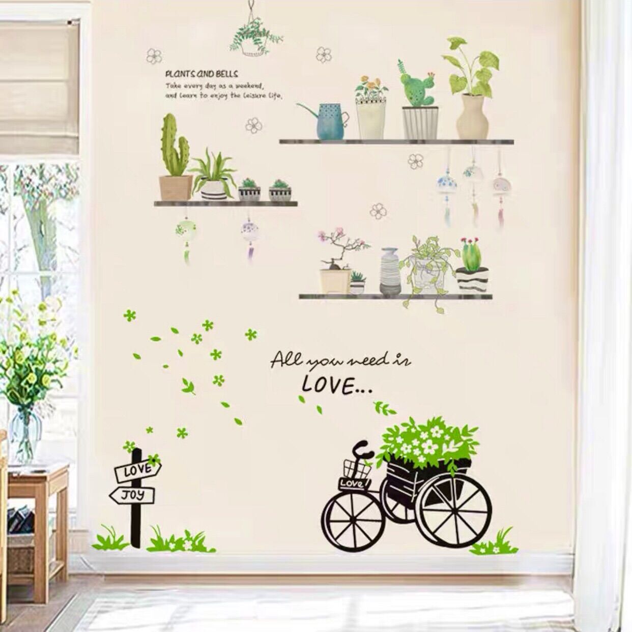 Decal dán tường xe đạp và chậu cây trên kệ