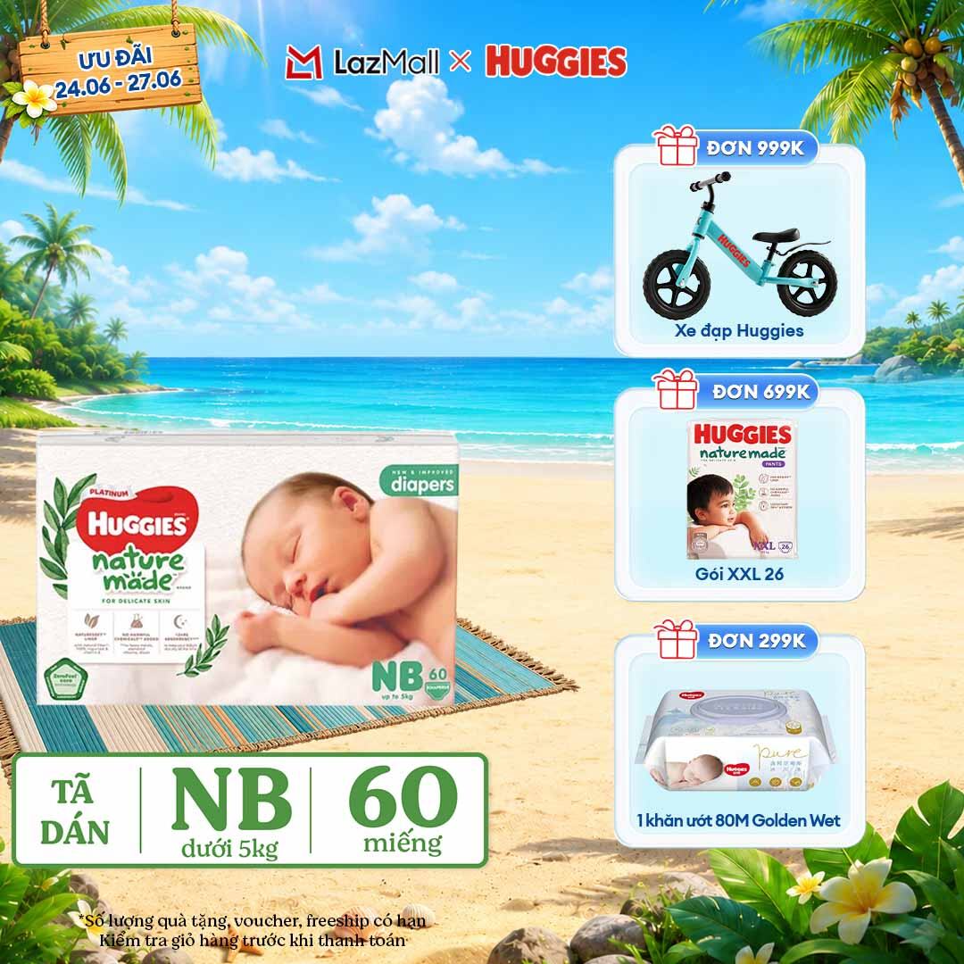 [Chỉ 25-29.06 QUÀ TẶNG ĐƠN 399K](Mua 1 tặng 1)  Tã/Bỉm dán sơ sinh Huggies Platinum NatureMade NB60 (dưới 5kg)-Gói Jumbo 60 miếng