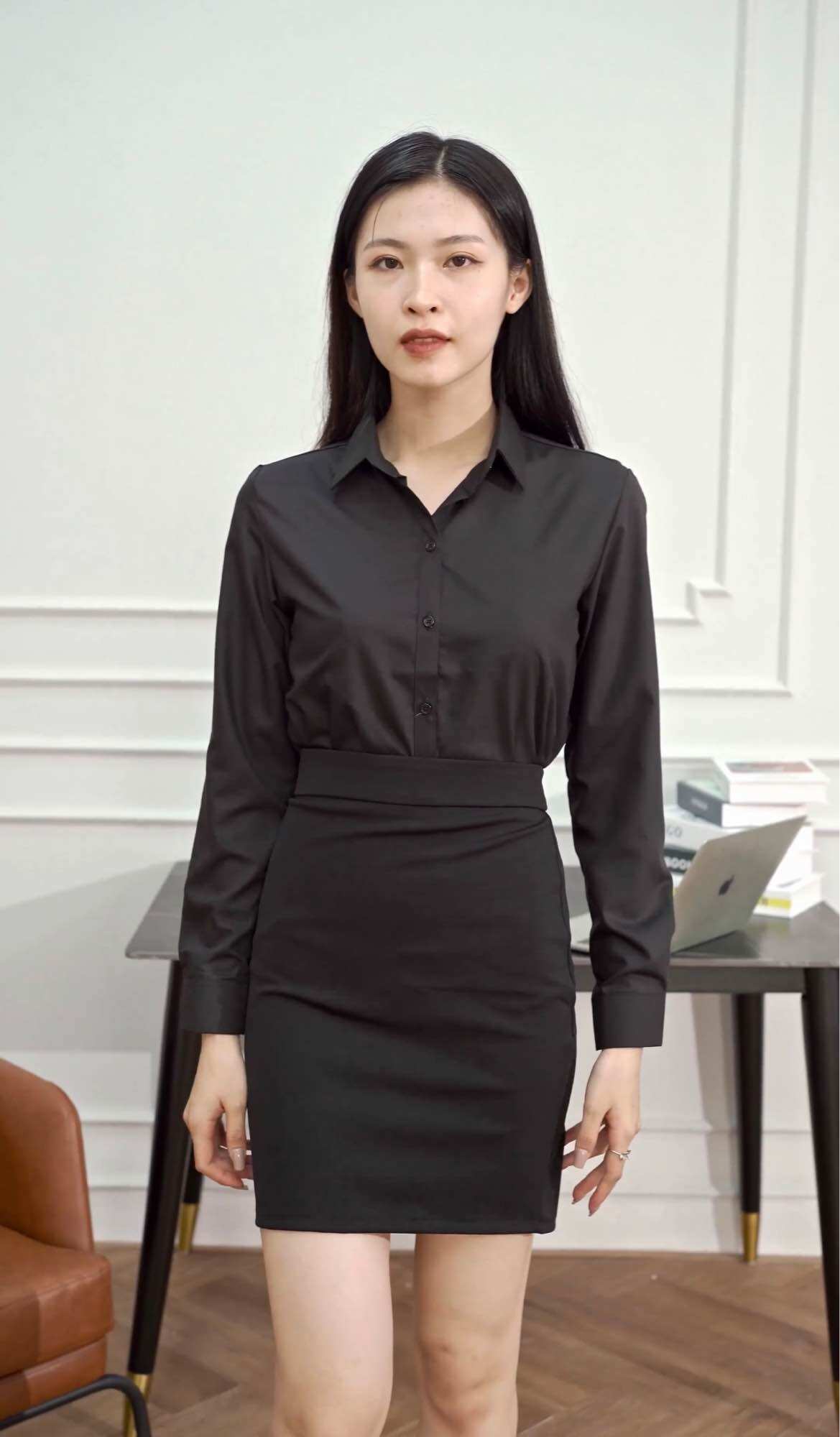 Áo sơ mi nữ dài tay công sở dáng suông màu đen