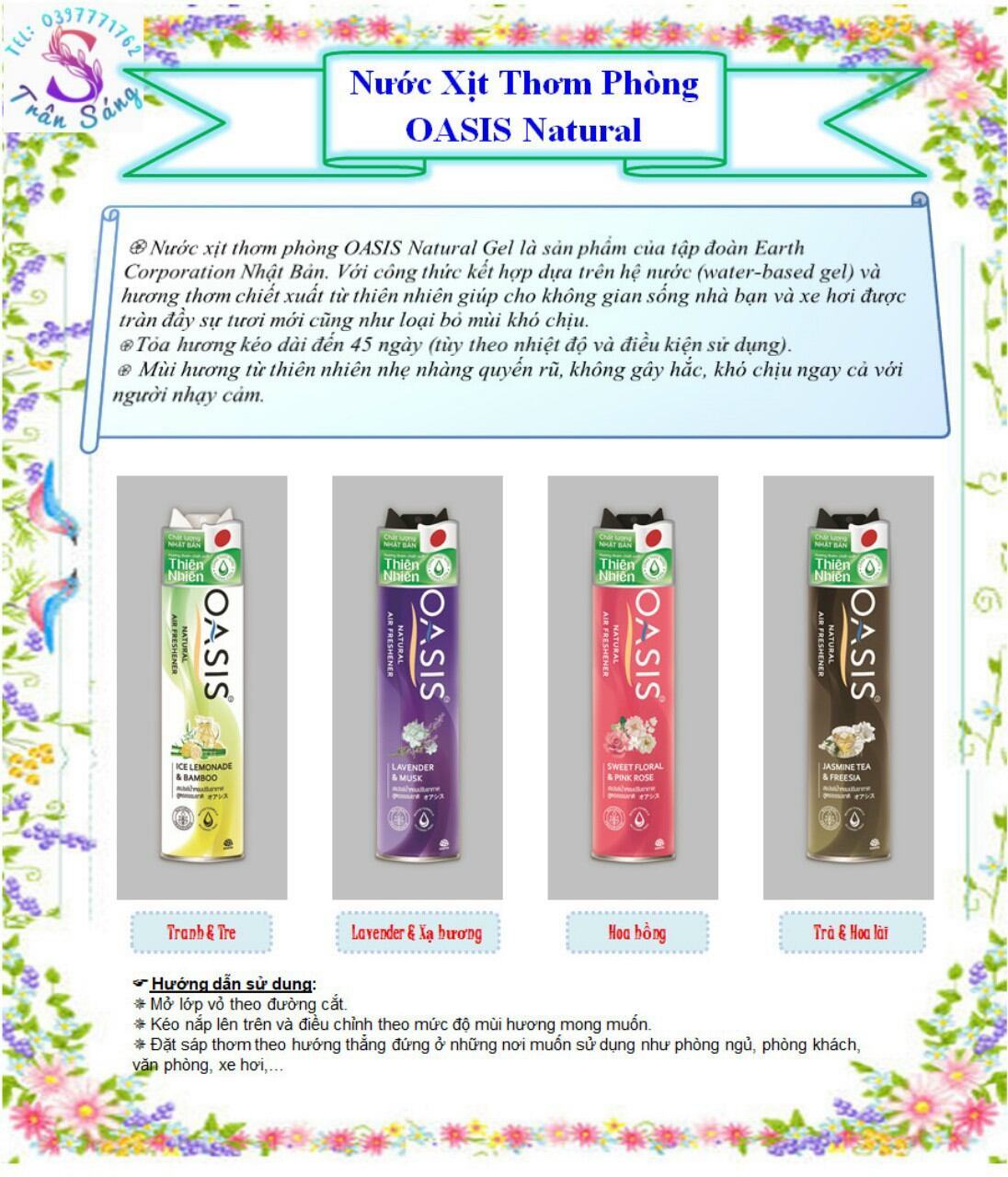 Nước hoa Xịt phòng OASIS Natural 320ml(nhiều lựa chọn hương) Hương thơm từ thiên nhiên. Lemonade& Bamboo – Hương Chanh  SweetFloral & Pink Rose – Hương Hoa Hồng Lavender& Musk – Hương Oải Hương JasmineTea & Freesia – Hương Lài.
