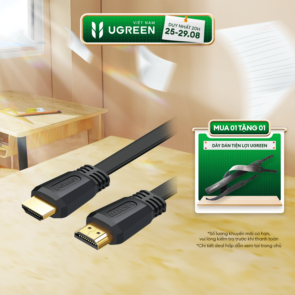 Cáp hdmi 2.0 ugreen ed015 dạng dây bẹt | hỗ trợ độ phân giải 3d 4kx2k 4096x2160p/30hz | bảo hành 1 đổi 1 18 tháng | 50819 70159 50820 50821