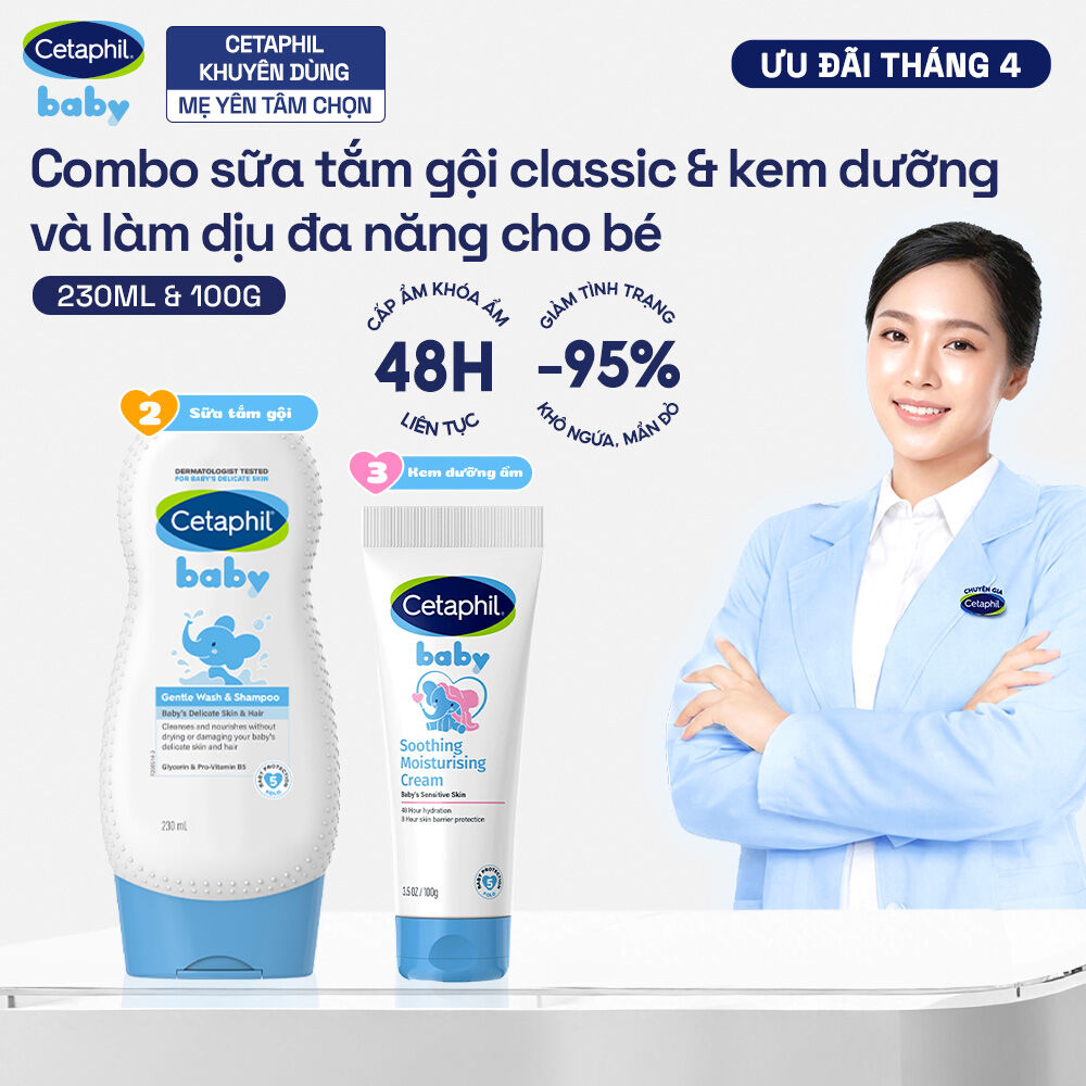 Combo 2 bước Sữa tắm gội dịu lành 230ml + Kem dưỡng ẩm làm dịu đa năng Cetaphil Baby 100Gr