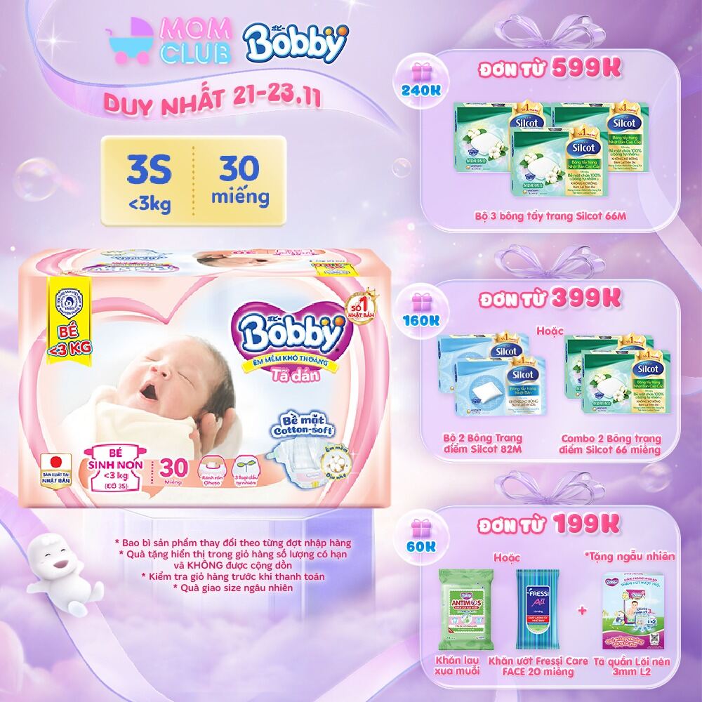 Tã dán Bobby 3S cho bé sinh non, nhẹ cân <3kg -30 miếng