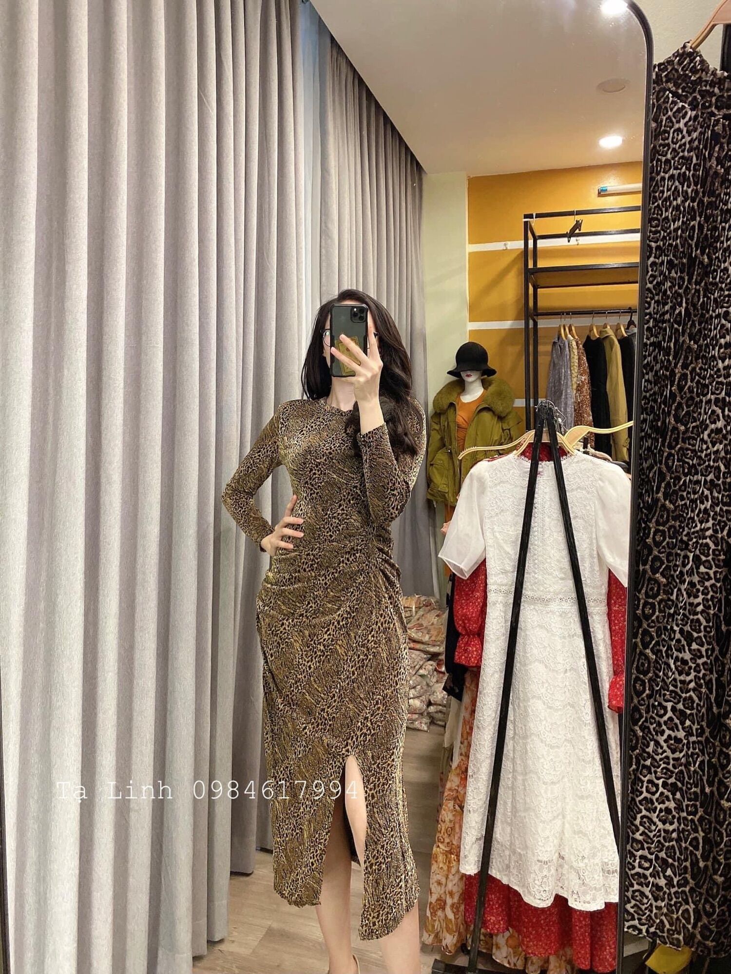 Thanh lý đầm body tay dài vạt đuôi cá ánh nhũ bling hoạ tiết beo đốm new100% còn tag