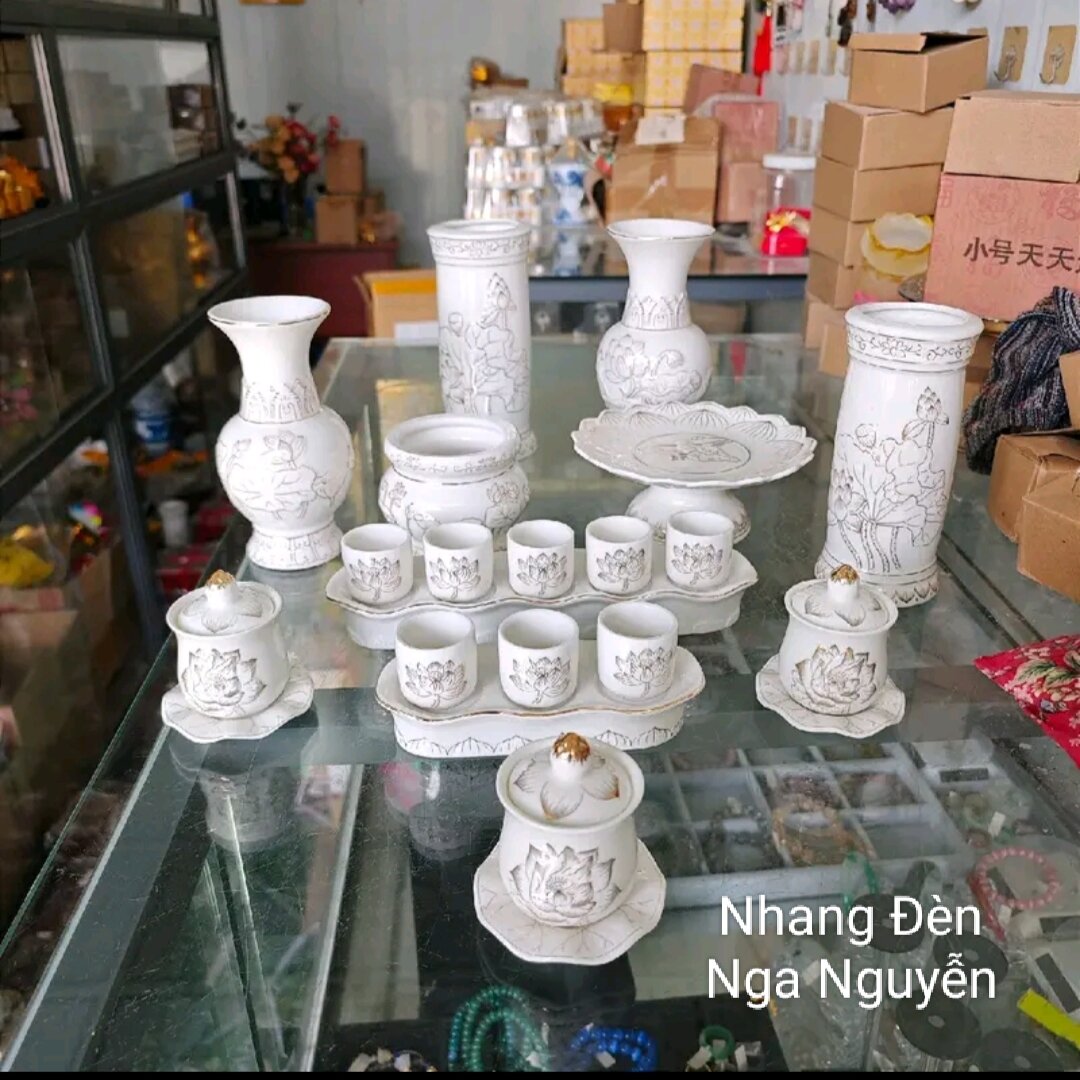Bộ Thờ Cúng Hoa Sen Bạch Ngọc Sứ Cao Cấp