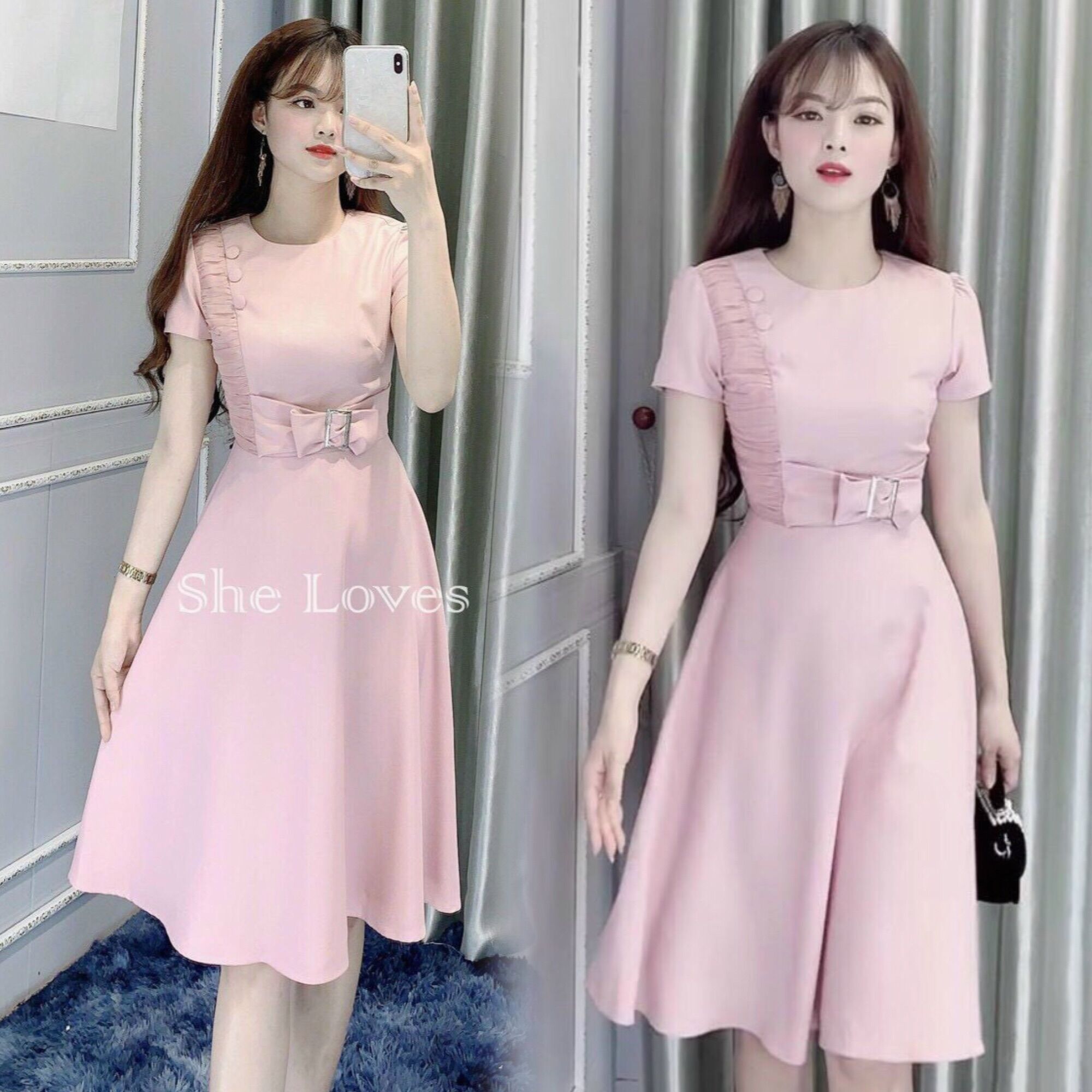 Đầm xoè phối voan nhún 1 bên áo eo nơ khoen MLXL2XL