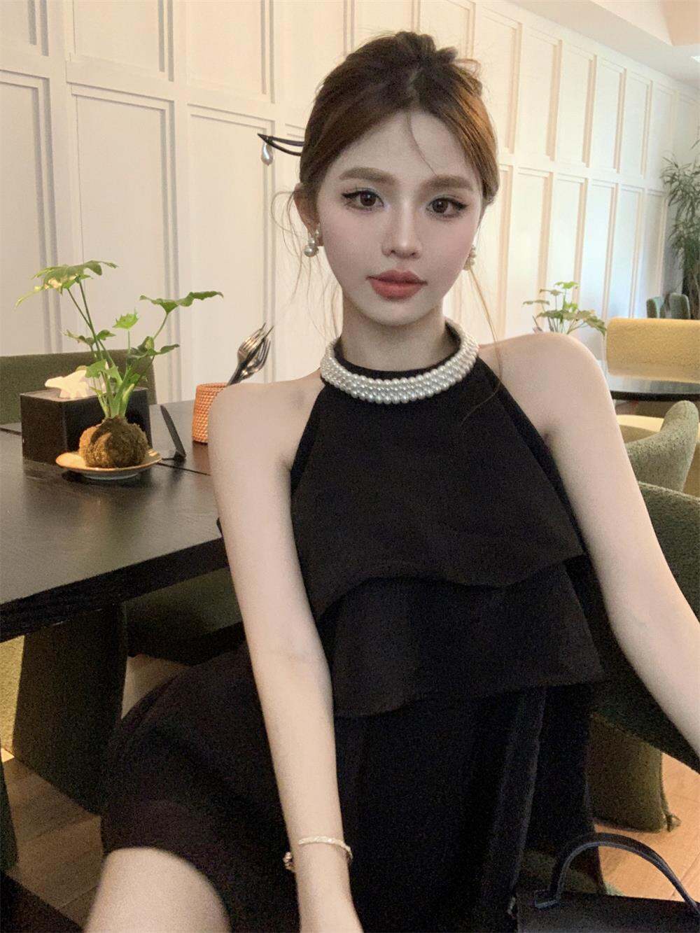 Màu Sắc Tinh Khiết Mùa Hè Vải Voan Áo Blouse Nữ Treo Cổ Cộc Tay Không Tay Áo Viền Bèo Thiết Kế Quần 