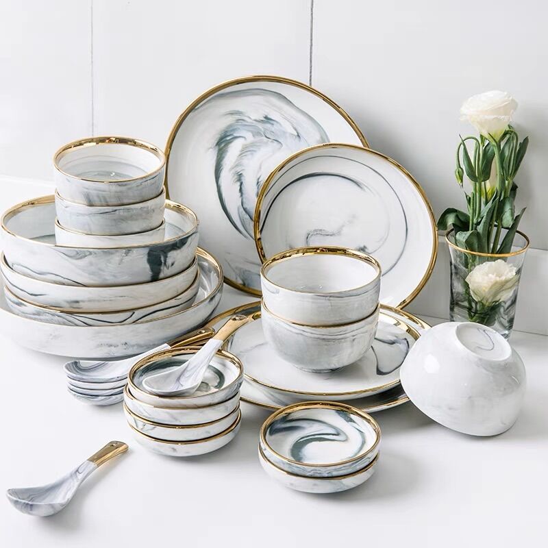 Bộ chén , đĩa , bát ăn cao cấp ghi vân đá 32 chi tiết