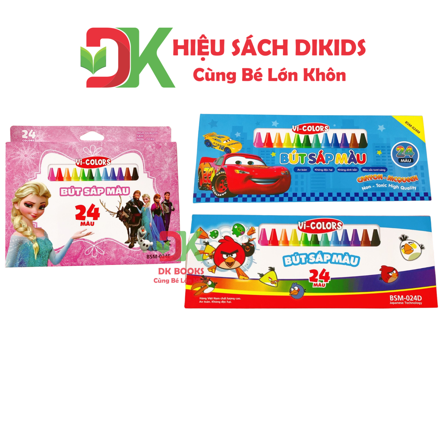 Bút sáp màu thủ công học sinh 24 màu Vi-Colors mẫu MCQueen, Angry Bird, Elsa an toàn cho bé