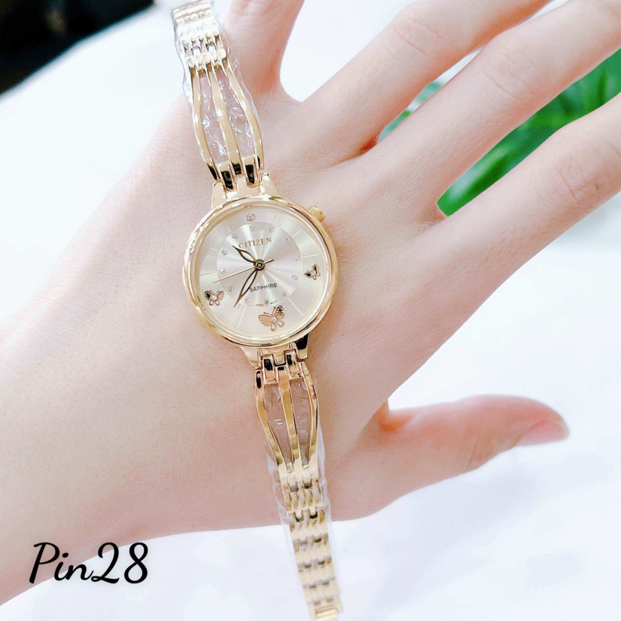 Đồng hồ nữ Citizen. Vỏ vàng, dây vàng, măt vàng. Máy Miyota Nhật, vỏ và dây inox, kiếng saphire.