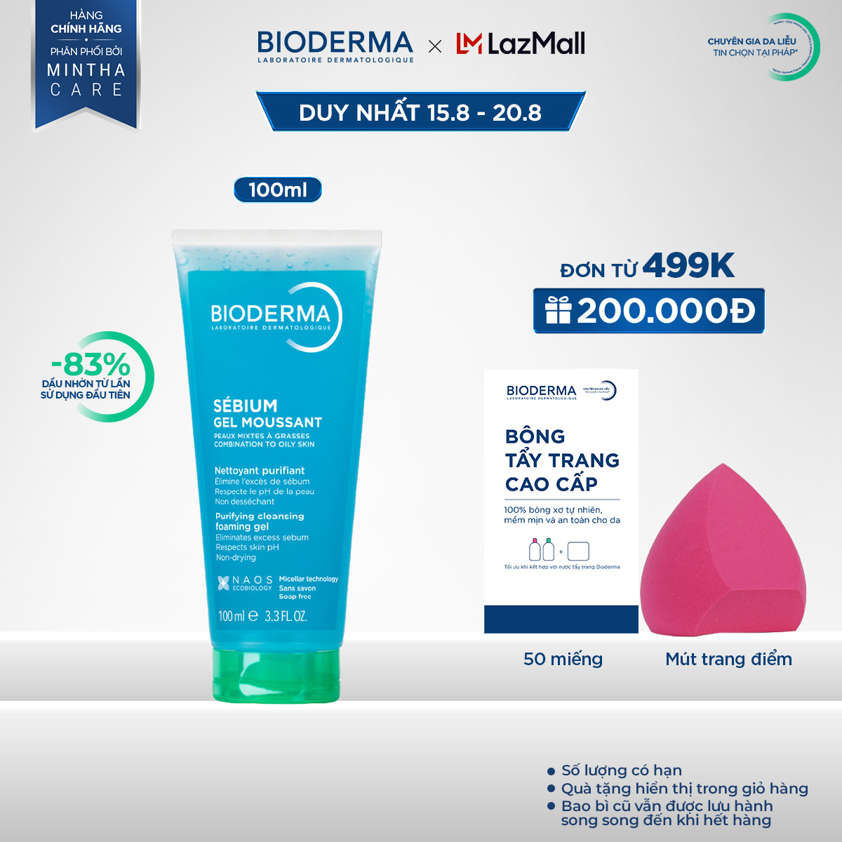 Gel rửa mặt tạo bọt cho da hỗn hợp và da dầu Bioderma Sebium Gel Moussant - 100ml
