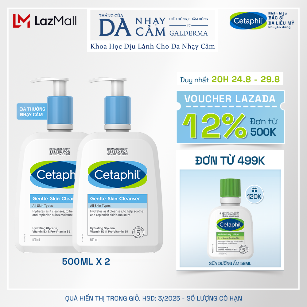 Combo 2 Sữa rửa mặt dịu lành cho da nhạy cảm Cetaphil Gentle Skin Cleanser 500ml