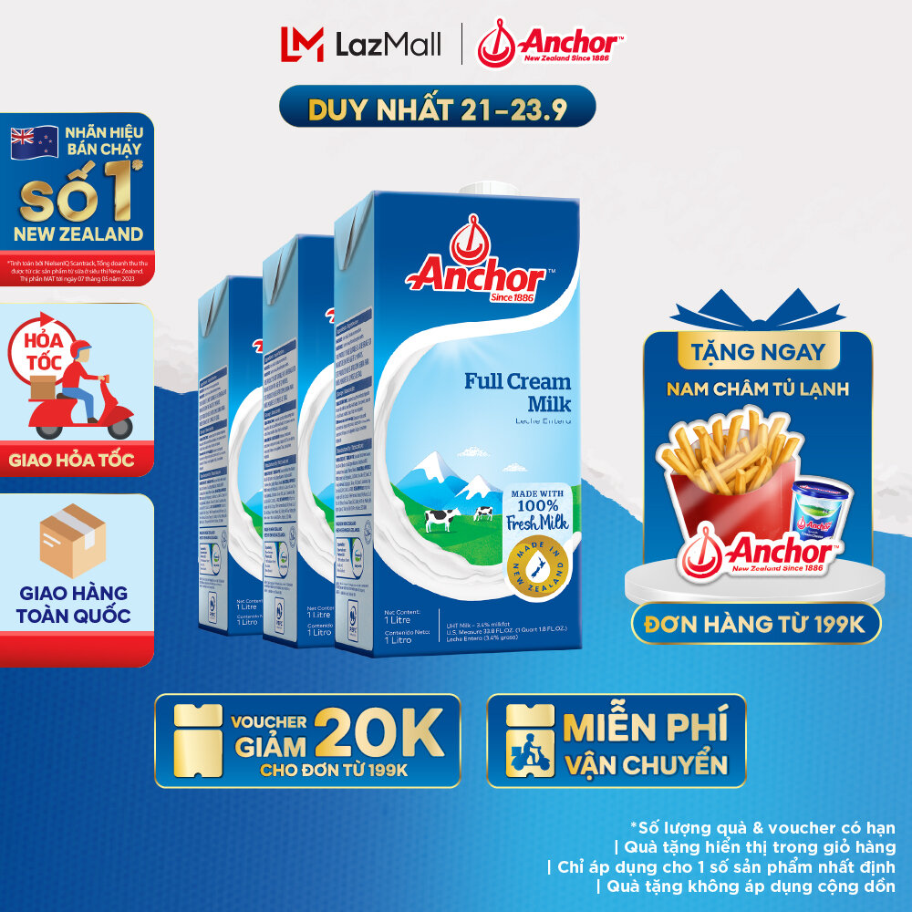 [GIAO HÀNG HỎA TỐC - HCM] Combo 3 Sữa Tươi Tiệt Trùng Anchor Nguyên Kem Hộp 1 Lít