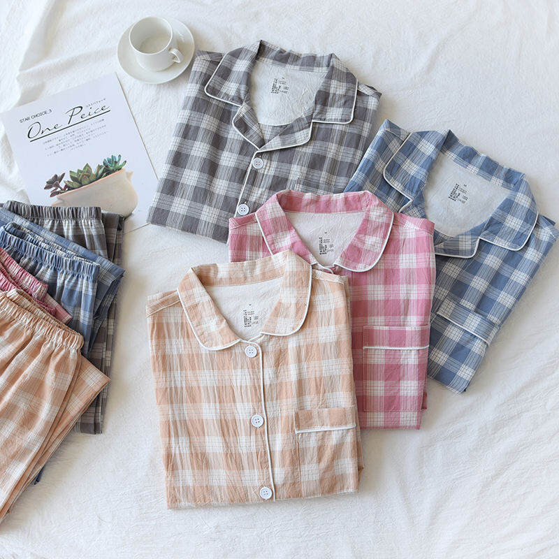 Mới Nam Nữ Kiểu Tình Nhân 100% Coton Dệt Giặt Bằng Nước Vải Cotton Dài Tay Quần Dài Sọc Caro Áo Ngủ Bộ Áo Mặc Ở Nhà