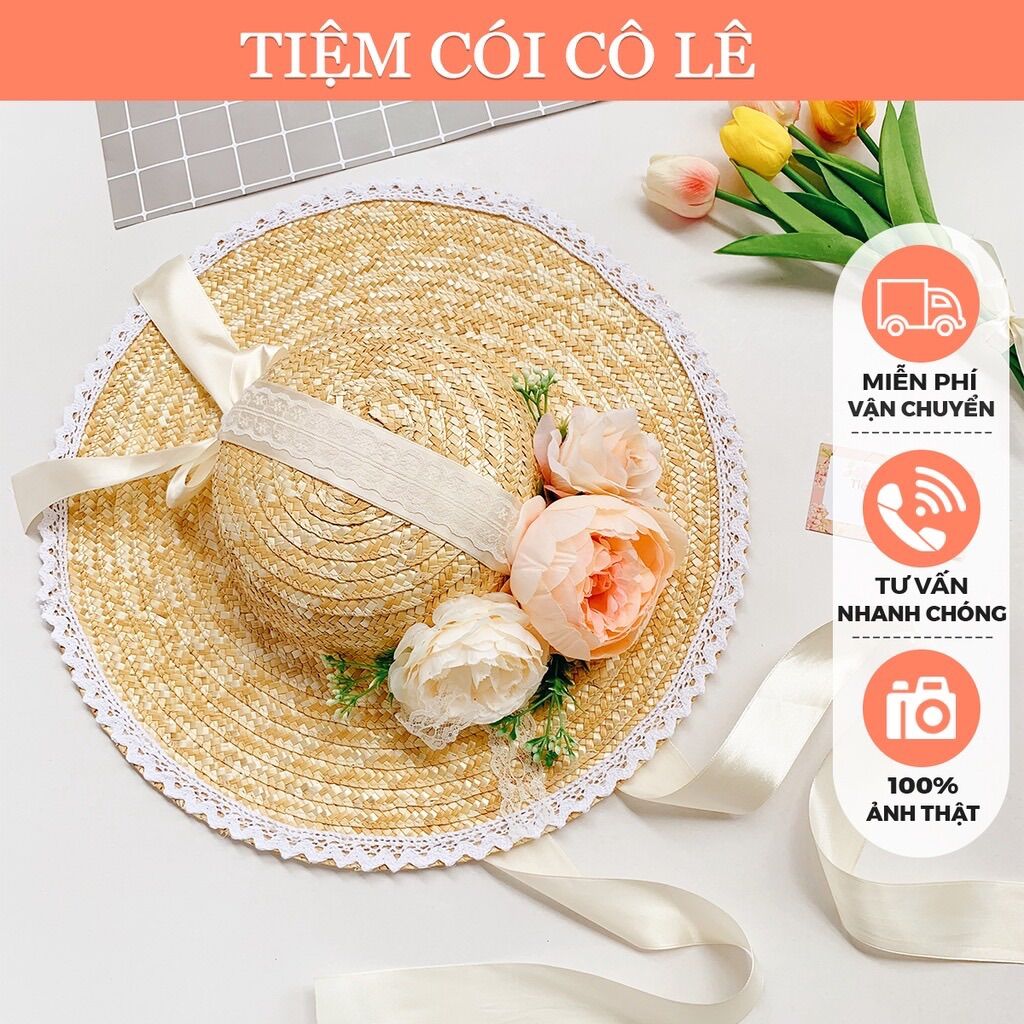 Nón cói hoa phong cách lolita, mũ cói viền ren xinh xắn dùng đi biển, chụp ảnh lookbook - tiệm cói cô lê